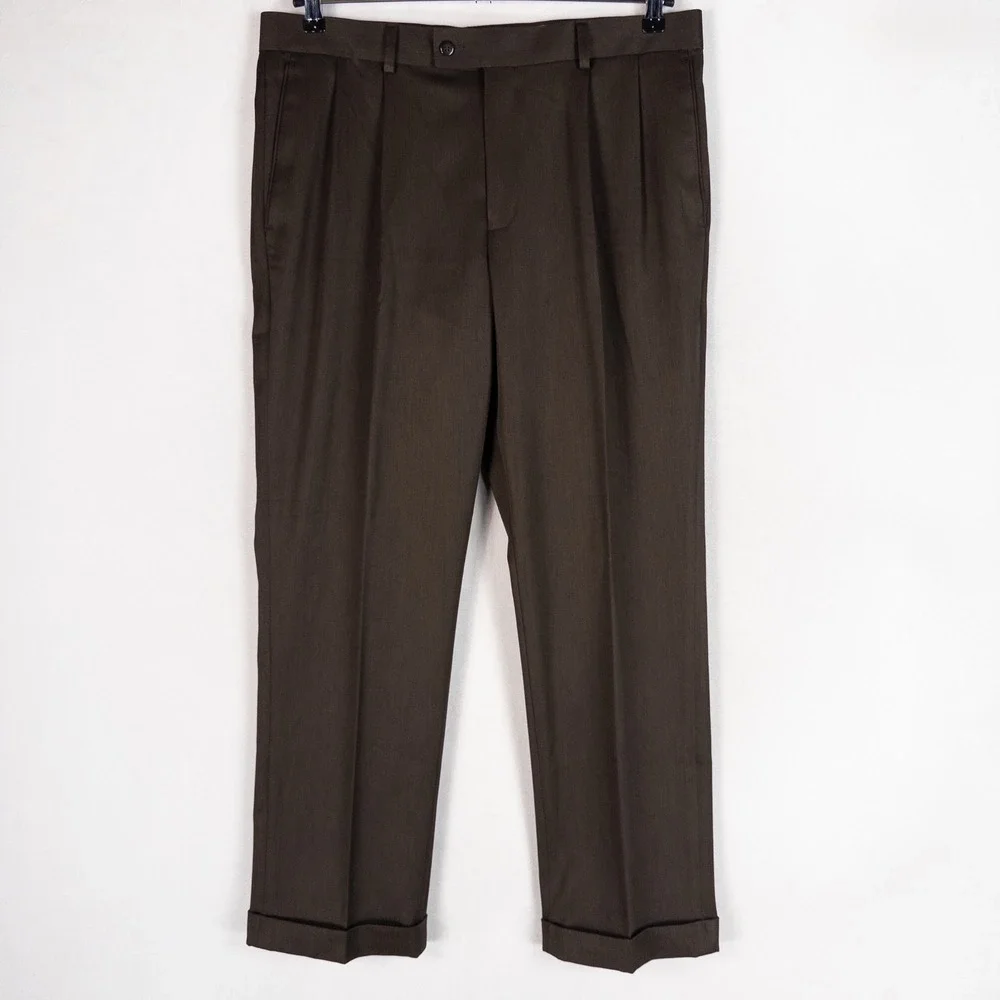 Louis Raphael Dress Pants 36x30 Brown Pleated Cuffed Business Casual Tailored